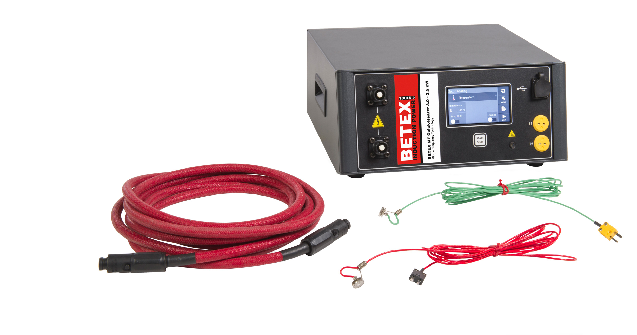 The MF Quick-Heater kit consists of one generator MF 3.0 – 3.5 kW, two magnetic temperature sensors, one pair of heat resistant gloves, flexible inductors in optional lengths of 5 m, 7.5 m and 10 m.