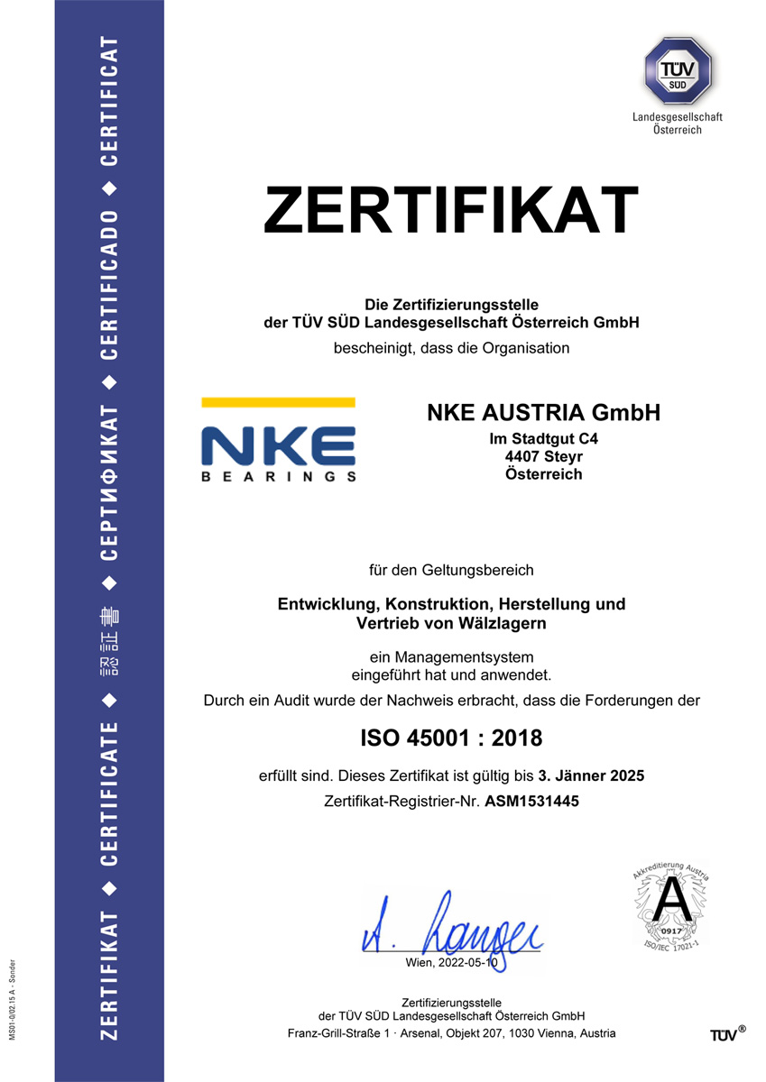 NKE Austria wurde im Mai 2022 erneut nach ISO 45001, ISO 9001 und ISO 14001 zertifiziert