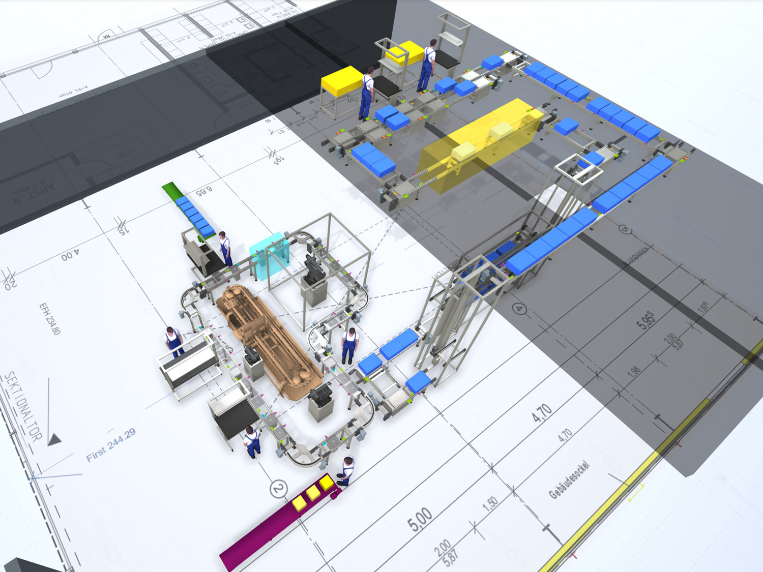 Die in 2D geplanten Transferanlagen lassen sich mit EasyGo direkt in einer 3D-Ansicht betrachten <i>(Bildquelle: Schnaithmann Maschinenbau GmbH)</i>